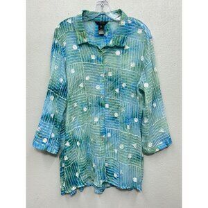 Ali Miles Button-Up Shirt Blouse Top XL Blue Embroidered Semi Sheer Lightweight